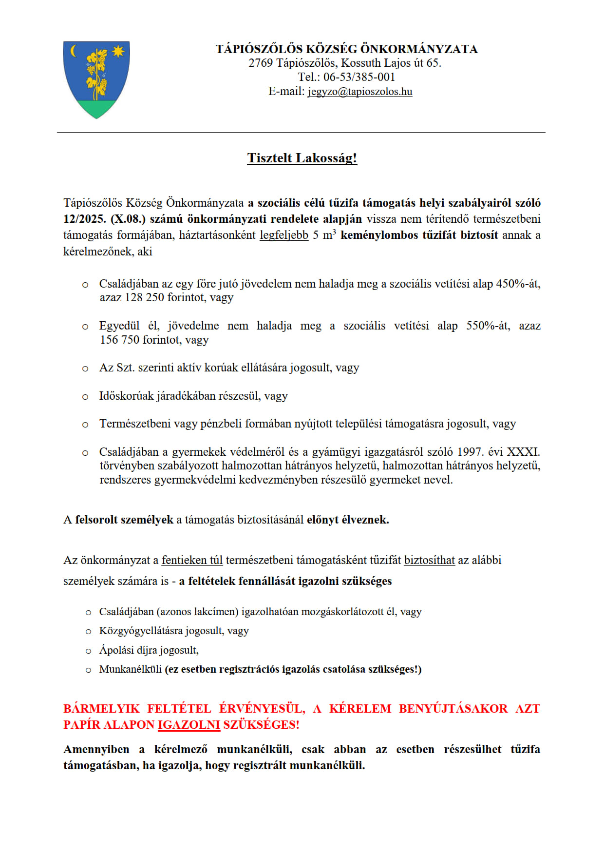 2025 évi szociális tüzelőanyag támogatás tájékoztató