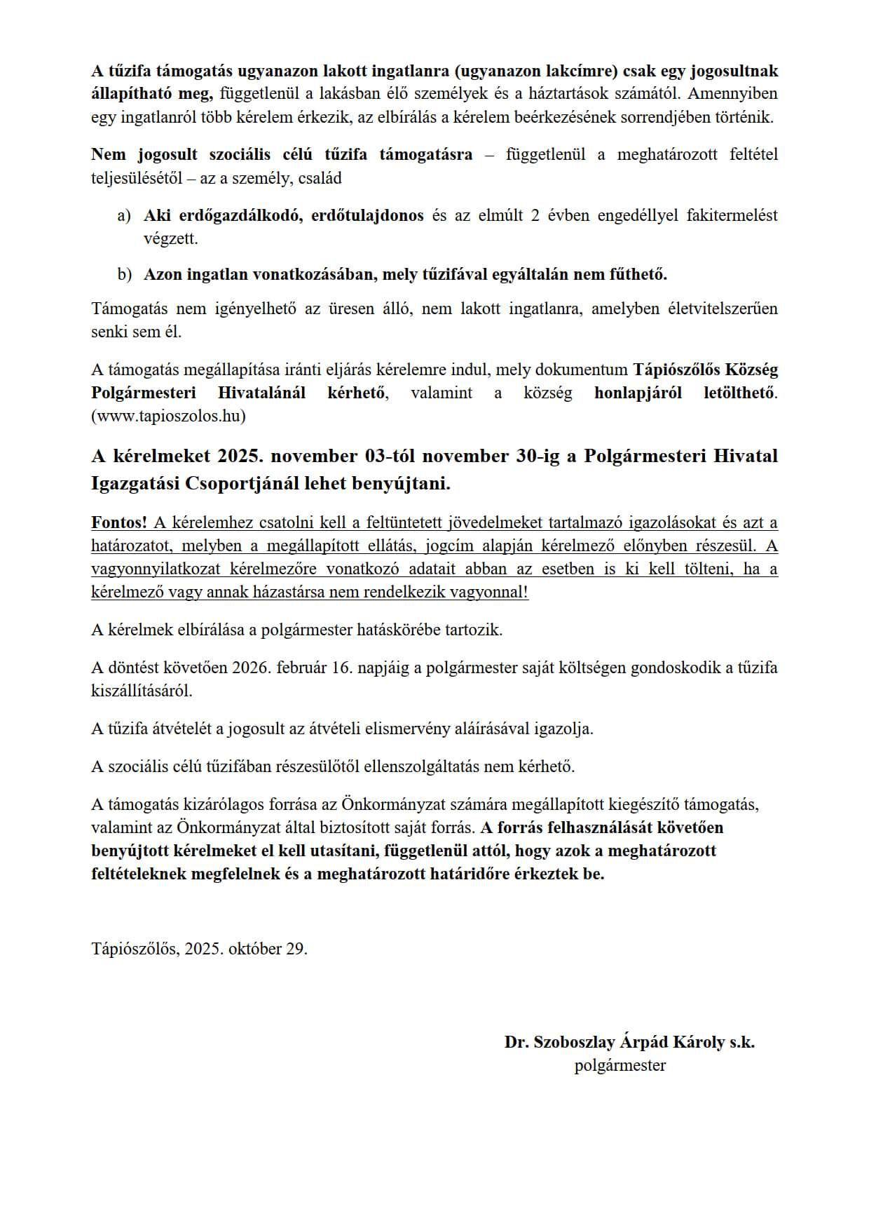 2025 évi szociális tüzelőanyag támogatás tájékoztató 2