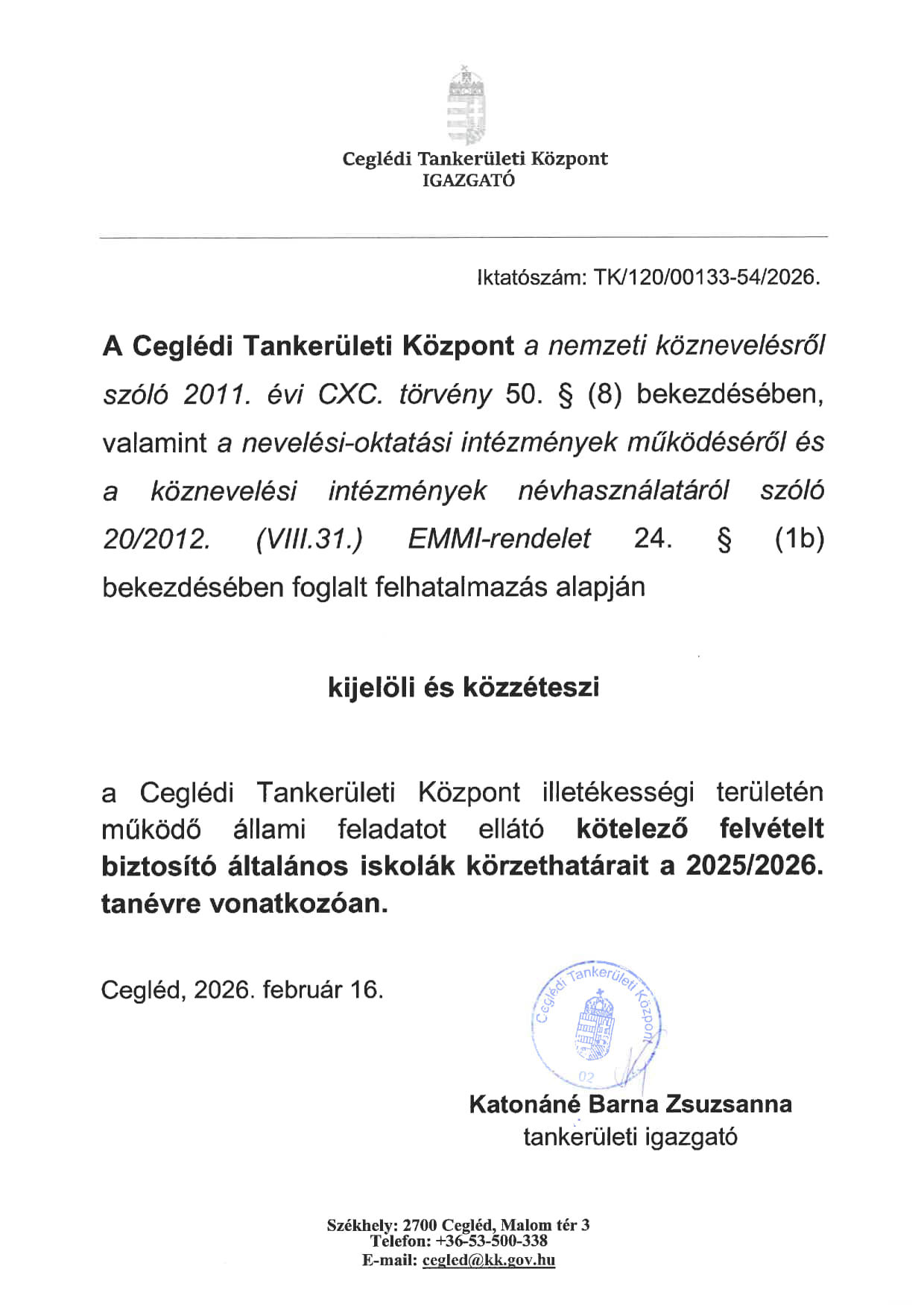 Ceglédi Tankerületi Központ körzethatár kijelölés