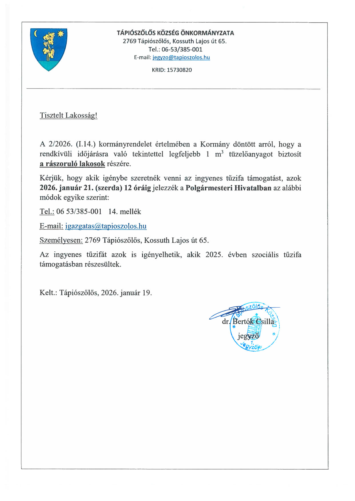 Felhívás ingyenes tűzifatámogatás