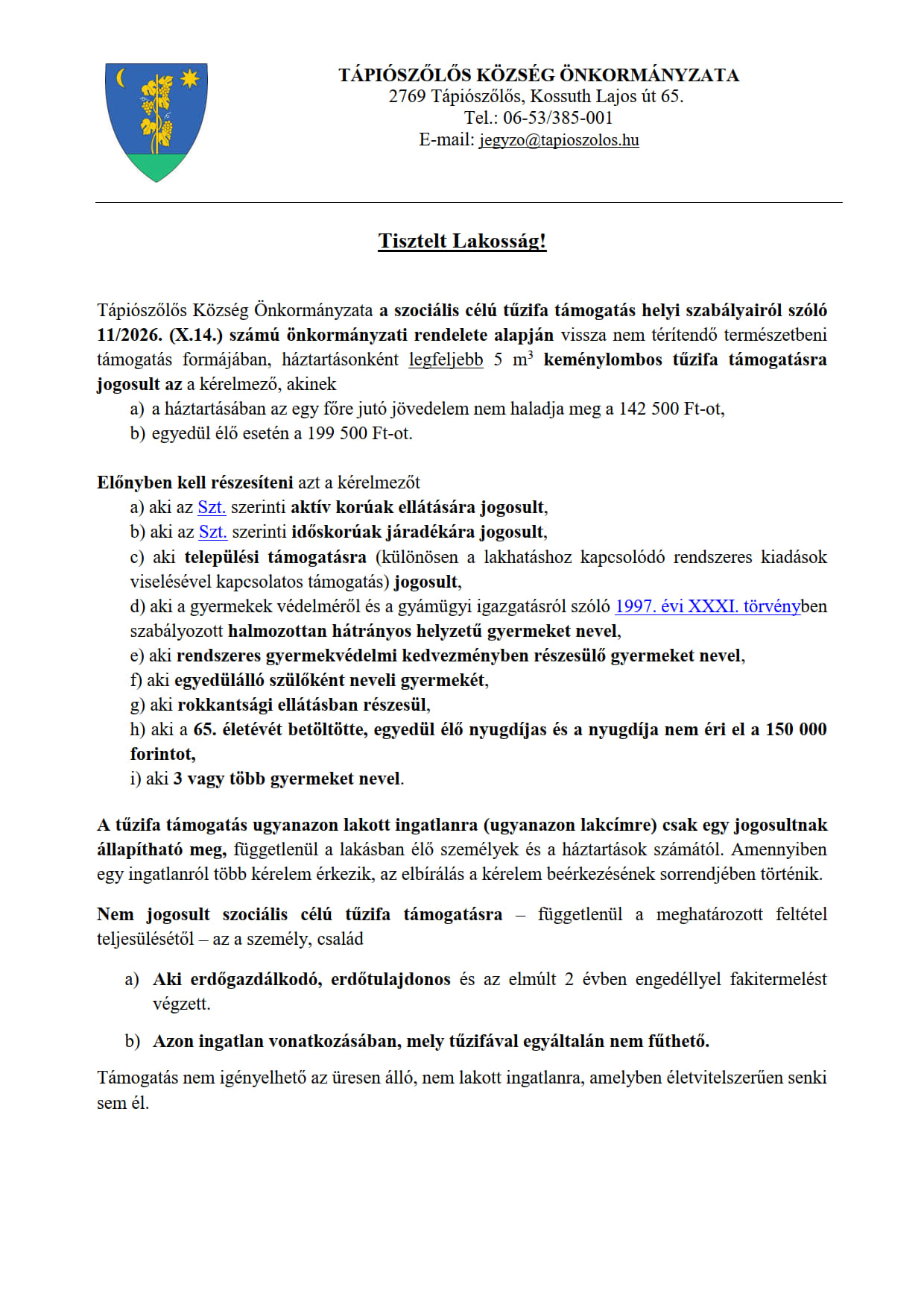 Tájékoztatás 2026. évi szociális tűzifa támogatásról 1